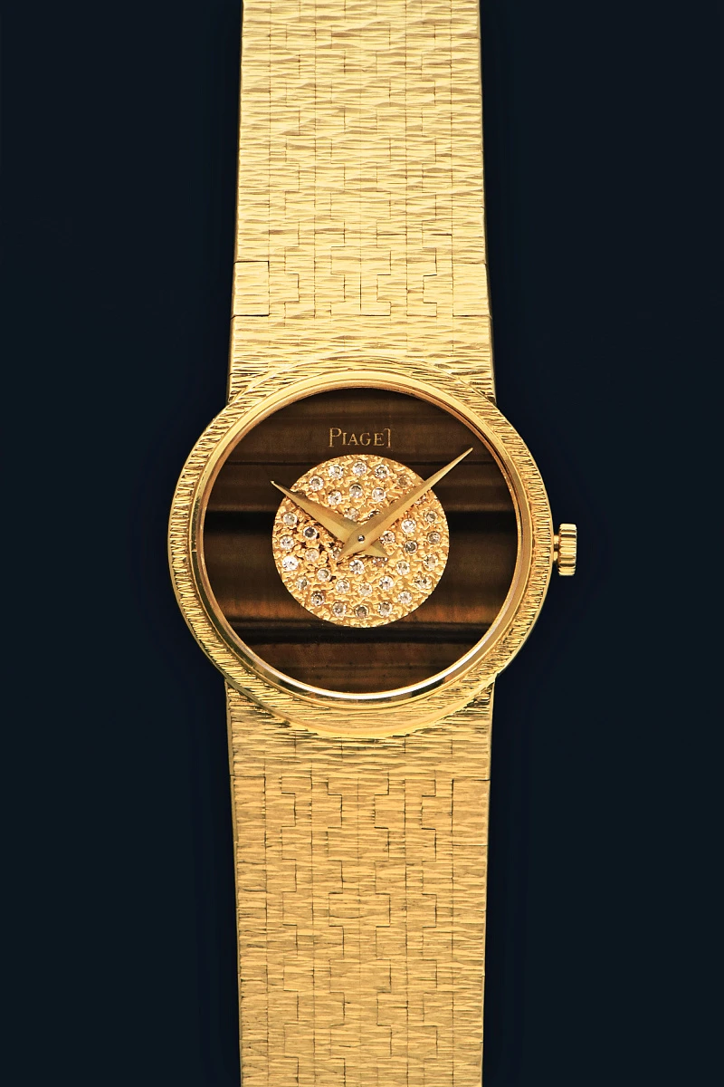 Tiger Eye and Diamond Dial Watch in 18k Yellow Gold 924A6