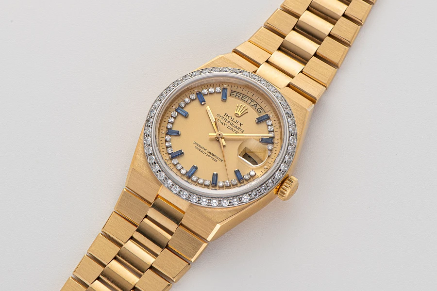 Rolex Day-Date Oysterquartz 'Sapphire & Diamond Lemon String Dial' Ref. 19048 in 18k Yellow Gold