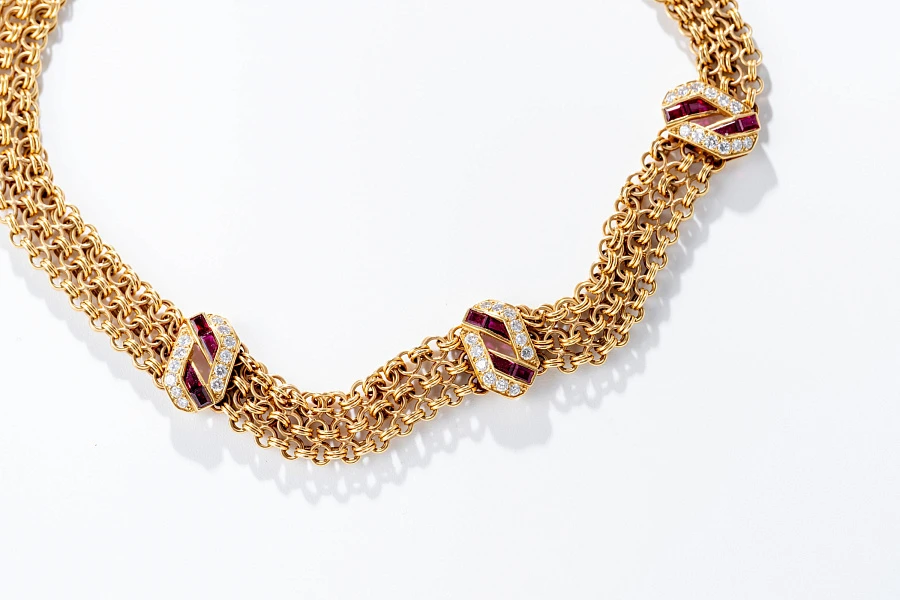 Jewelry Set with Watch, Earrings, and Necklace in 18k Yellow Gold with Diamonds and Rubies