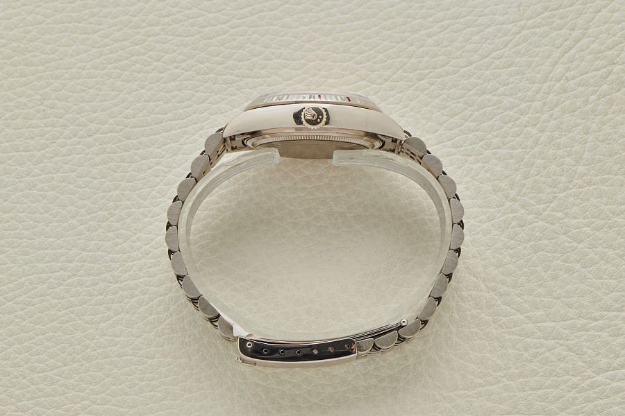 Day-Date Salmon Dial with Baguette Diamond Indices in 18k White Gold