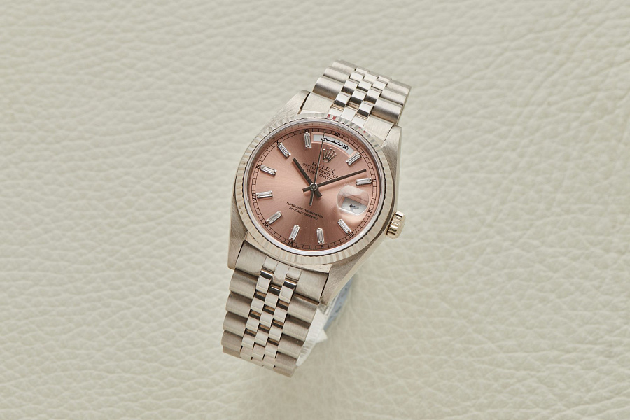 Day-Date Salmon Dial with Baguette Diamond Indices in 18k White Gold