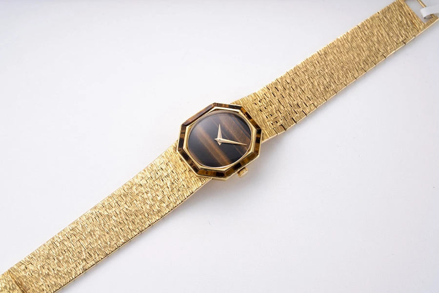 Octagonal Dress Watch Ref. 9341AG with Tiger Eye Dial and Bezel in 18k Yellow Gold