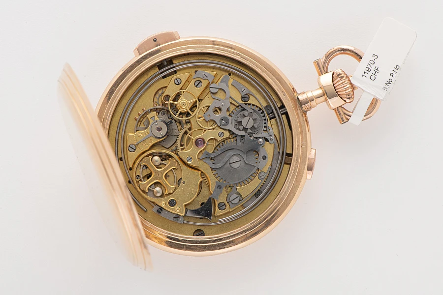1900s Quarter Repeater Chronograph Pocket Watch in 14k Yellow Gold (Orlando Case)