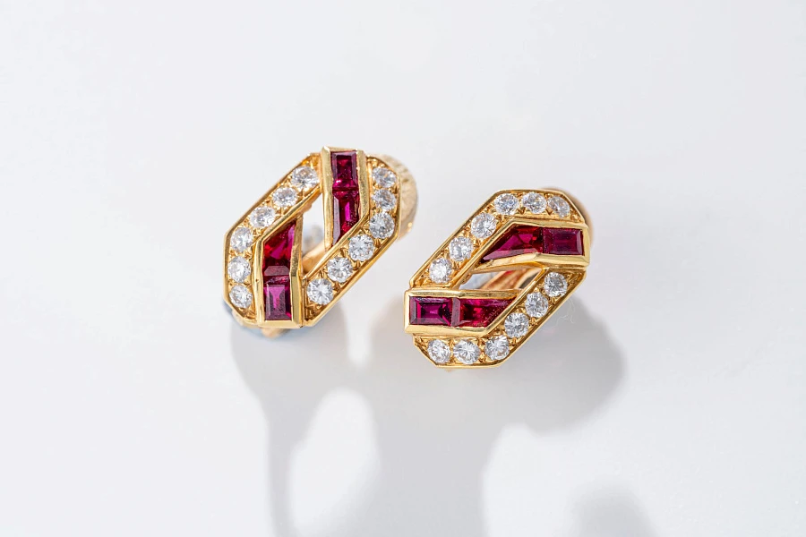 Jewelry Set with Watch, Earrings, and Necklace in 18k Yellow Gold with Diamonds and Rubies