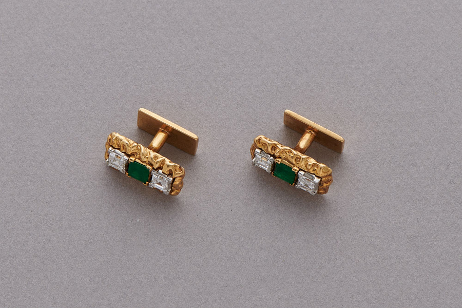 18K Platinum Carre Cut Diamonds & Emerald by Ruser
