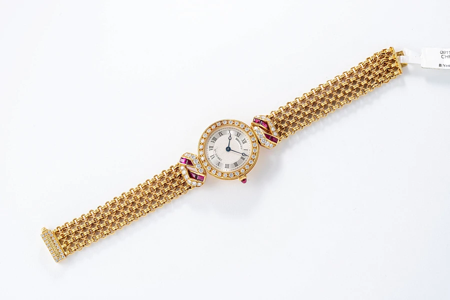 Jewelry Set with Watch, Earrings, and Necklace in 18k Yellow Gold with Diamonds and Rubies