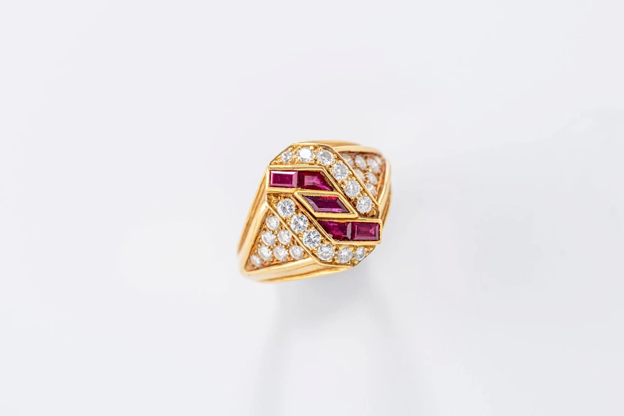 Jewelry Set with Watch, Earrings, and Necklace in 18k Yellow Gold with Diamonds and Rubies