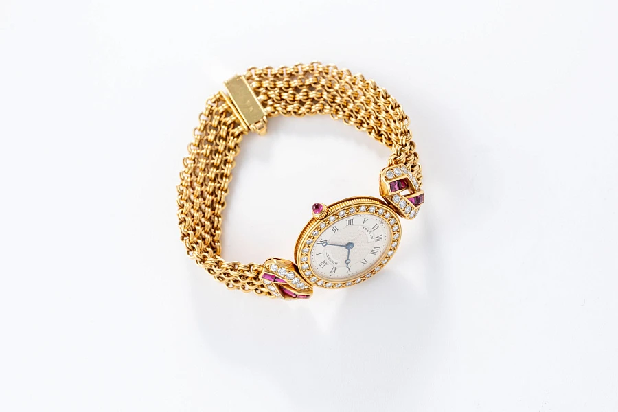 Jewelry Set with Watch, Earrings, and Necklace in 18k Yellow Gold with Diamonds and Rubies