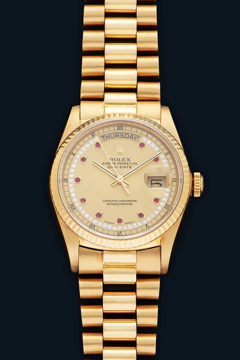 Day-Date Ref. 18038 with 'Ruby String Dial' in 18k Yellow Gold
