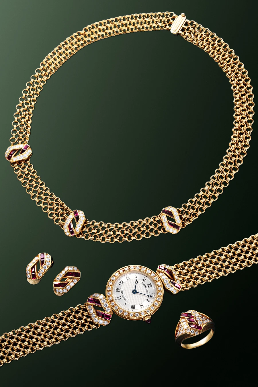 Jewelry Set with Watch, Earrings, and Necklace in 18k Yellow Gold with Diamonds and Rubies