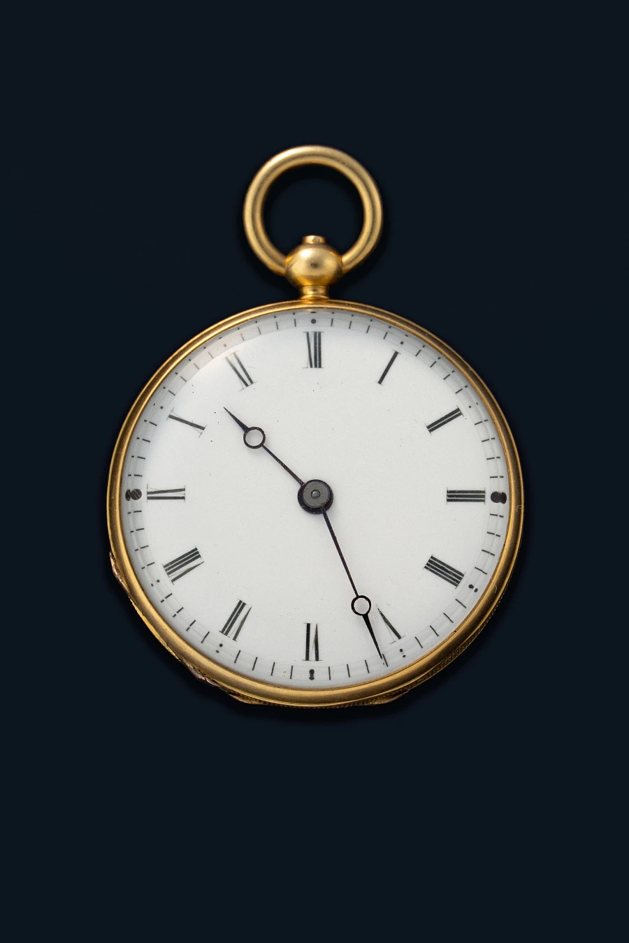 Miniature Pocket Watch in 18k Yellow Gold with Painted Enamel Caseback