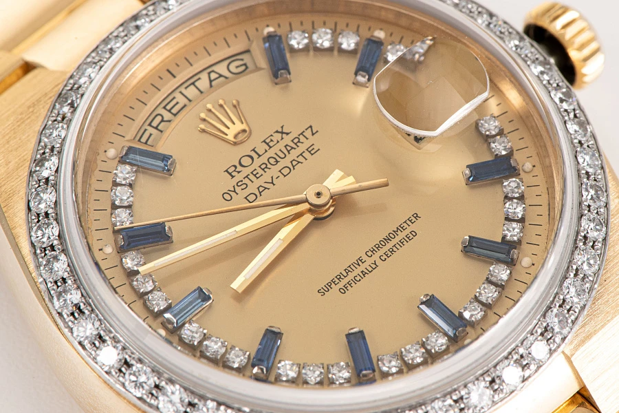 Rolex Day-Date Oysterquartz 'Sapphire & Diamond Lemon String Dial' Ref. 19048 in 18k Yellow Gold