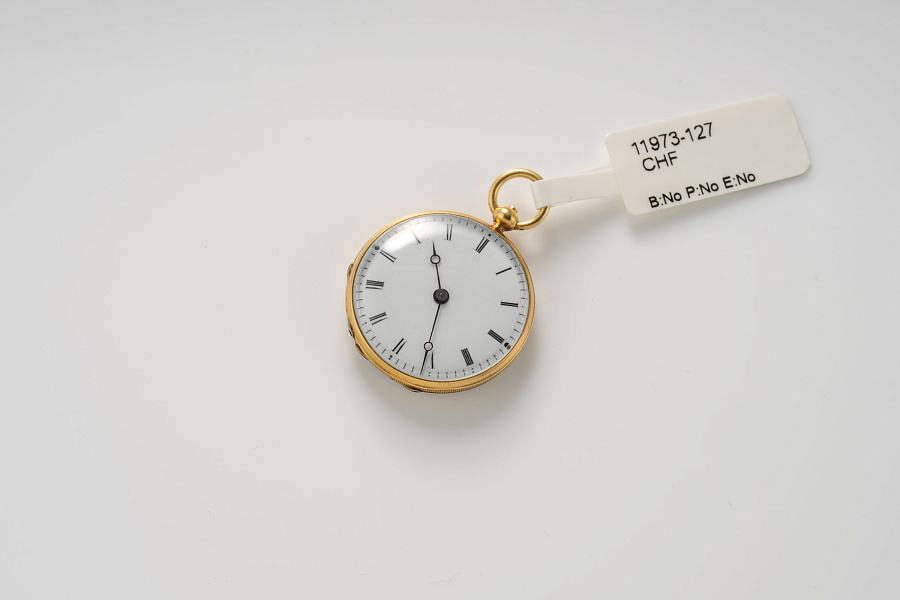Miniature Pocket Watch in 18k Yellow Gold with Painted Enamel Caseback
