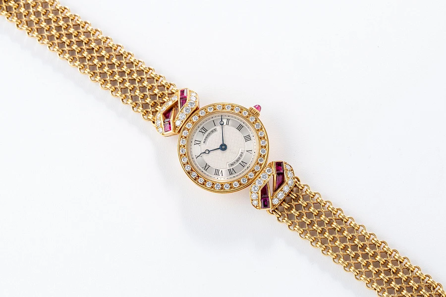 Jewelry Set with Watch, Earrings, and Necklace in 18k Yellow Gold with Diamonds and Rubies