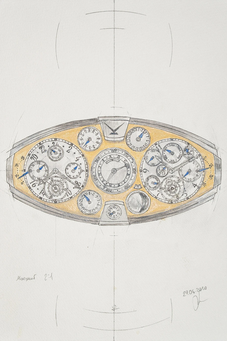 Sketch of the Magnum Opus Mars Traveller Watch (Front Side), 24 × 32 cm