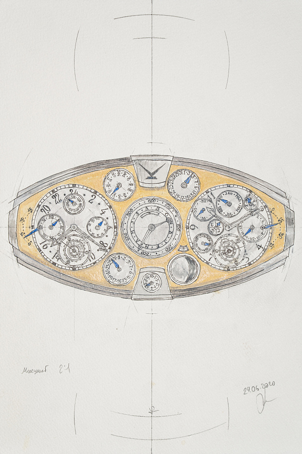 Sketch of the Magnum Opus Mars Traveller Watch (Front Side), 24 × 32 cm