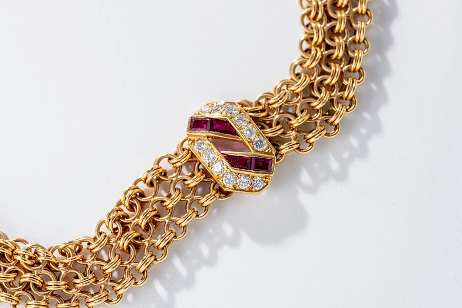 Jewelry Set with Watch, Earrings, and Necklace in 18k Yellow Gold with Diamonds and Rubies