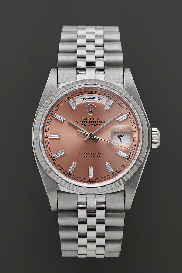Day-Date Salmon Dial with Baguette Diamond Indices in 18k White Gold