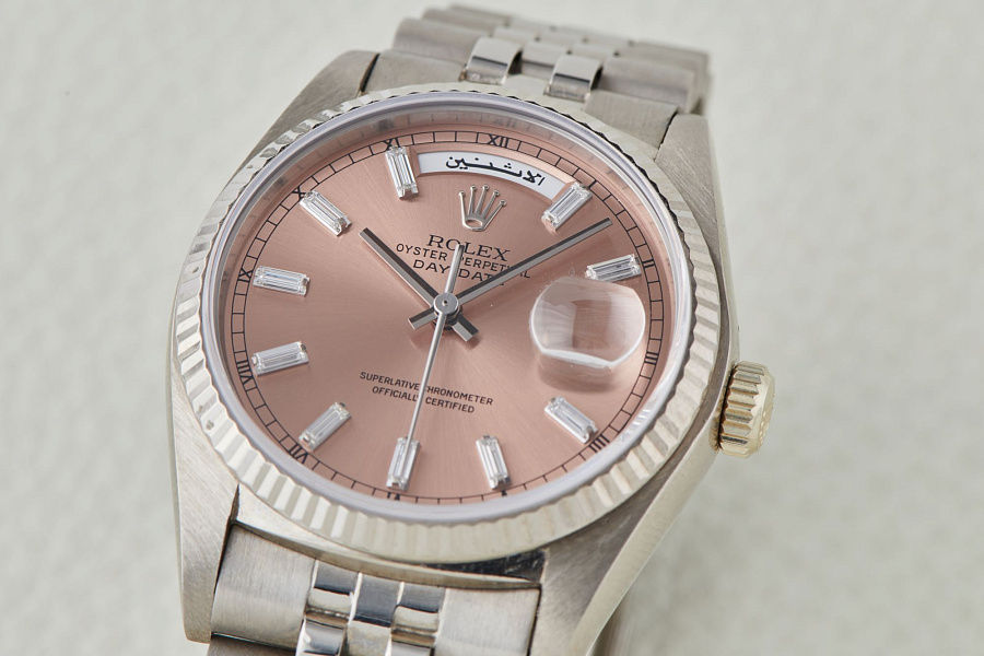 Day-Date Salmon Dial with Baguette Diamond Indices in 18k White Gold