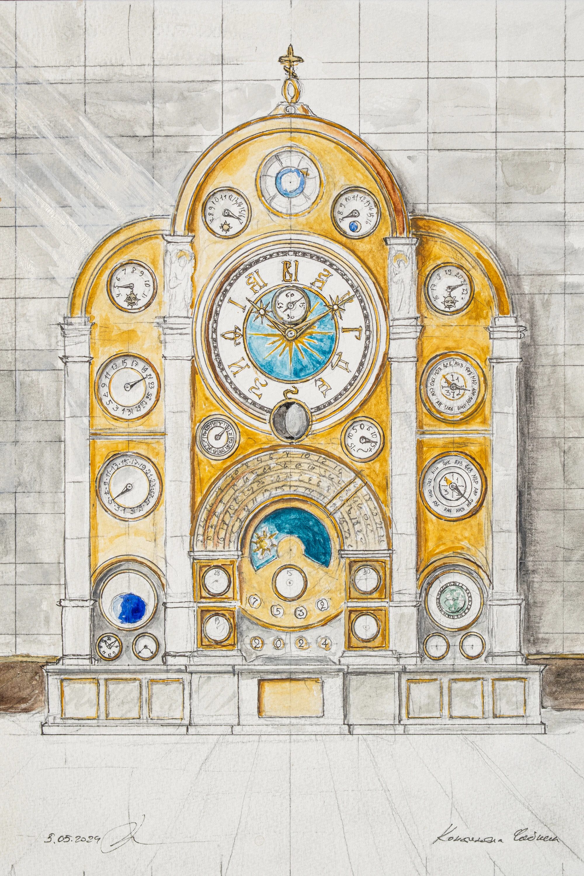 Sketch of the Monumental Grand Complication “Computus” Clock, 24 × 32 cm