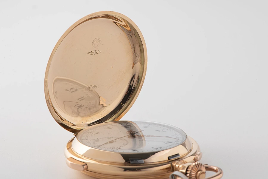 1900s Quarter Repeater Chronograph Pocket Watch in 14k Yellow Gold (Orlando Case)