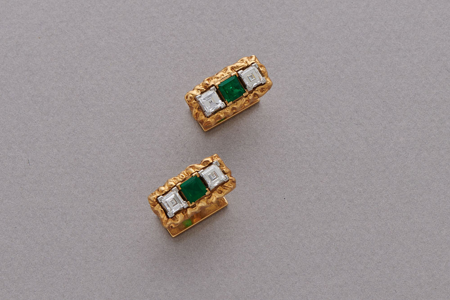 18K Platinum Carre Cut Diamonds & Emerald by Ruser