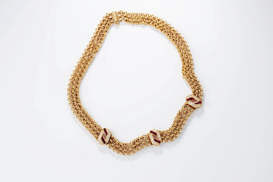 Jewelry Set with Watch, Earrings, and Necklace in 18k Yellow Gold with Diamonds and Rubies