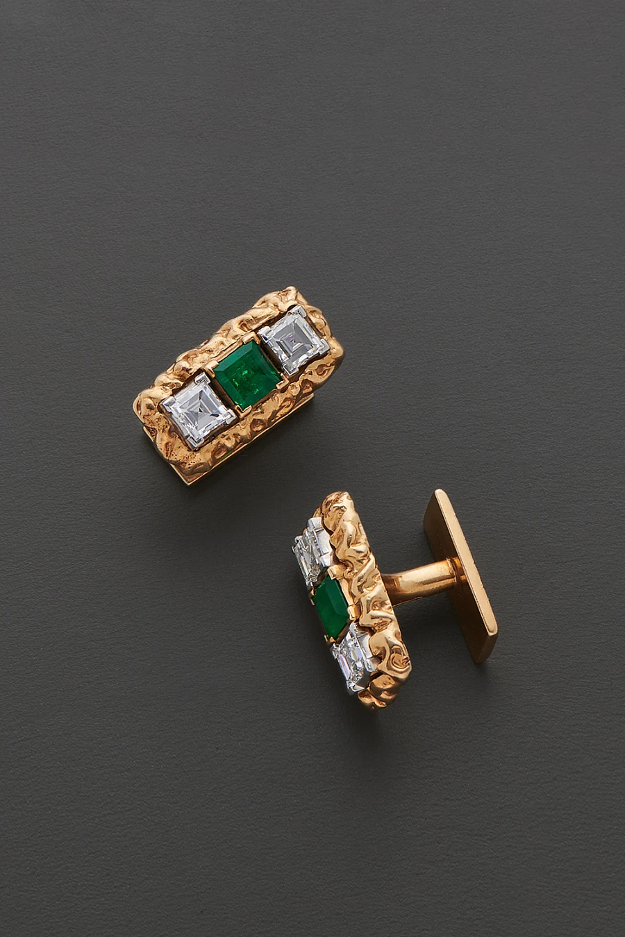 18K Platinum Carre Cut Diamonds & Emerald by Ruser