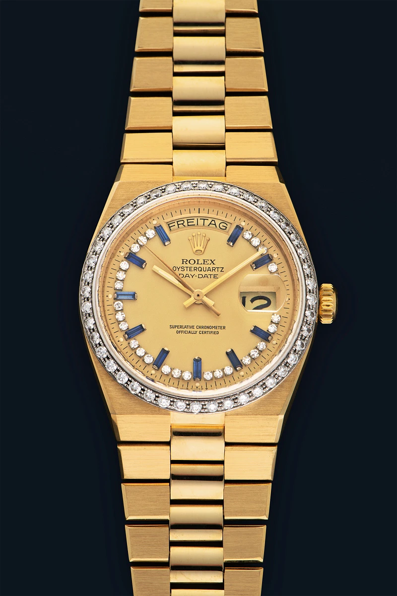 Rolex Day-Date Oysterquartz 'Sapphire & Diamond Lemon String Dial' Ref. 19048 in 18k Yellow Gold