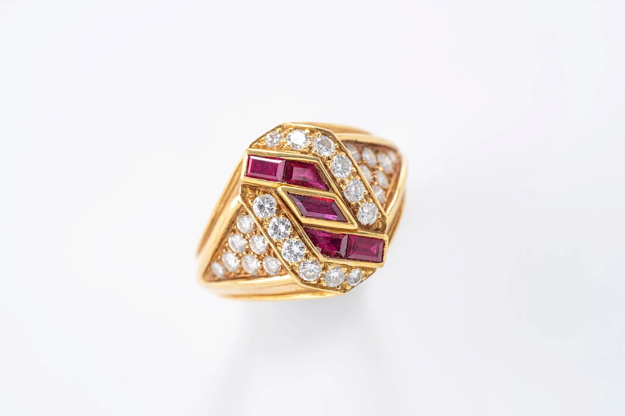 Jewelry Set with Watch, Earrings, and Necklace in 18k Yellow Gold with Diamonds and Rubies