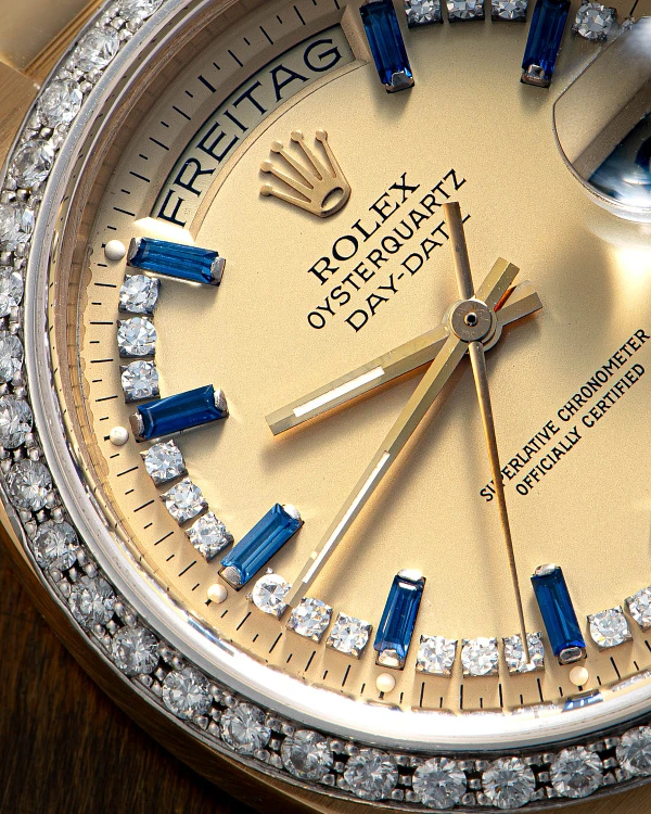 Rolex Day-Date Oysterquartz 'Sapphire & Diamond Lemon String Dial' Ref. 19048 in 18k Yellow Gold