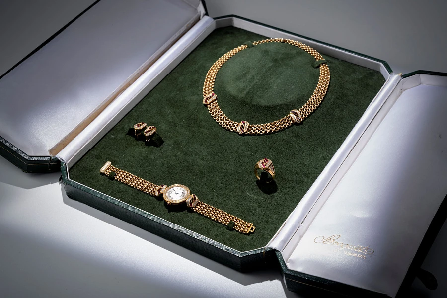 Jewelry Set with Watch, Earrings, and Necklace in 18k Yellow Gold with Diamonds and Rubies