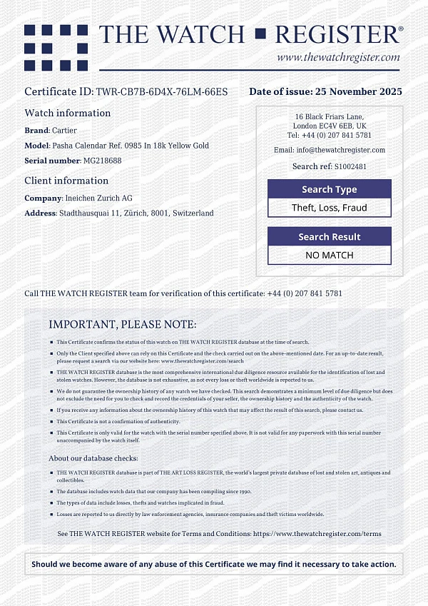 Pasha Calendar Ref. 0985 in 18k Yellow Gold