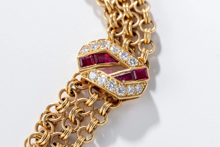 Jewelry Set with Watch, Earrings, and Necklace in 18k Yellow Gold with Diamonds and Rubies