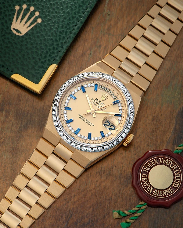 Rolex Day-Date Oysterquartz 'Sapphire & Diamond Lemon String Dial' Ref. 19048 in 18k Yellow Gold